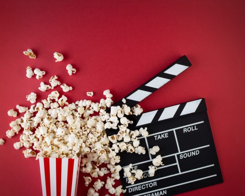 popcorn, red, background, clapperboard