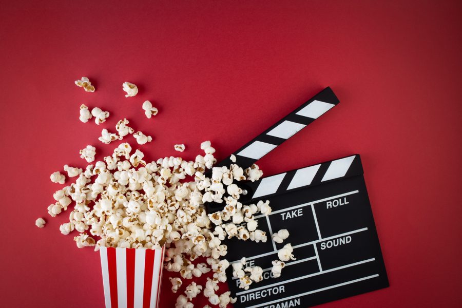 popcorn, red, background, clapperboard