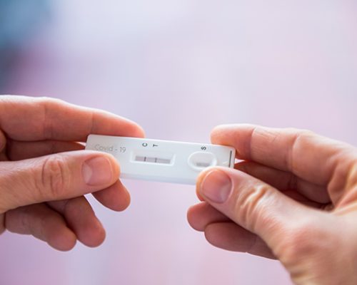 Close up woman hands holding rapid covid -19 test with a positive result. Self express coronavirus testing at home. Covid-19 test kit for detecting IgM IgG antibodies and immunity. Selective focus